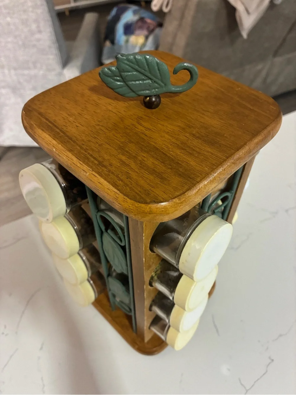 Vintage Wooden Rotating Spice Rack with Leaf Accents and White Lidded Jars